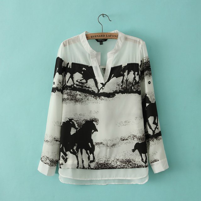 European Style Ink Galloping Horse V-neck Silk Shirt White Long-sleeved Shirt